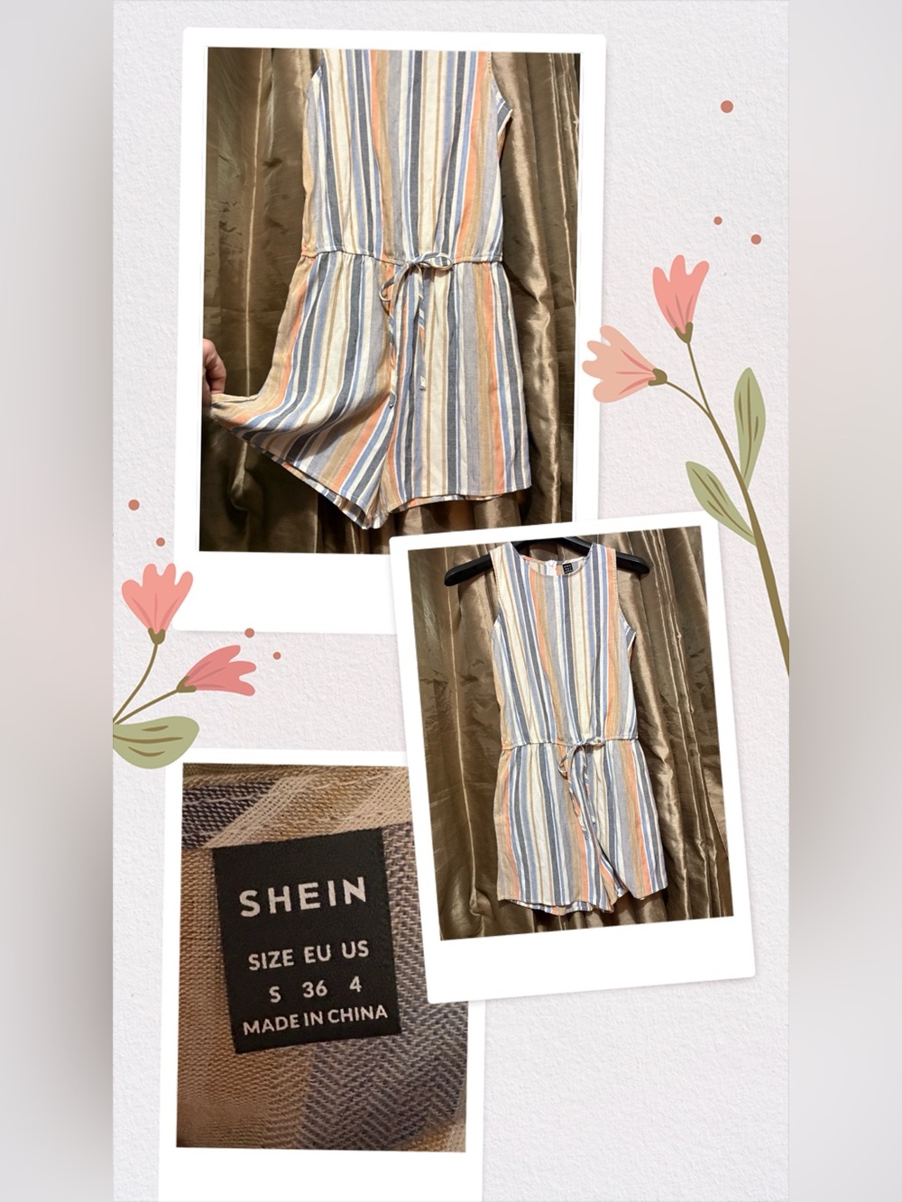 SHEIN Striped Sleeveless Mini Romper in Blue, Peach & White #1921